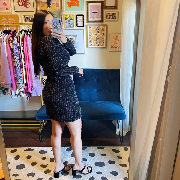 h:ours Cherie Metallic Stripe Long Sleeve Wrap Mini Dress - Picture 4 of 10